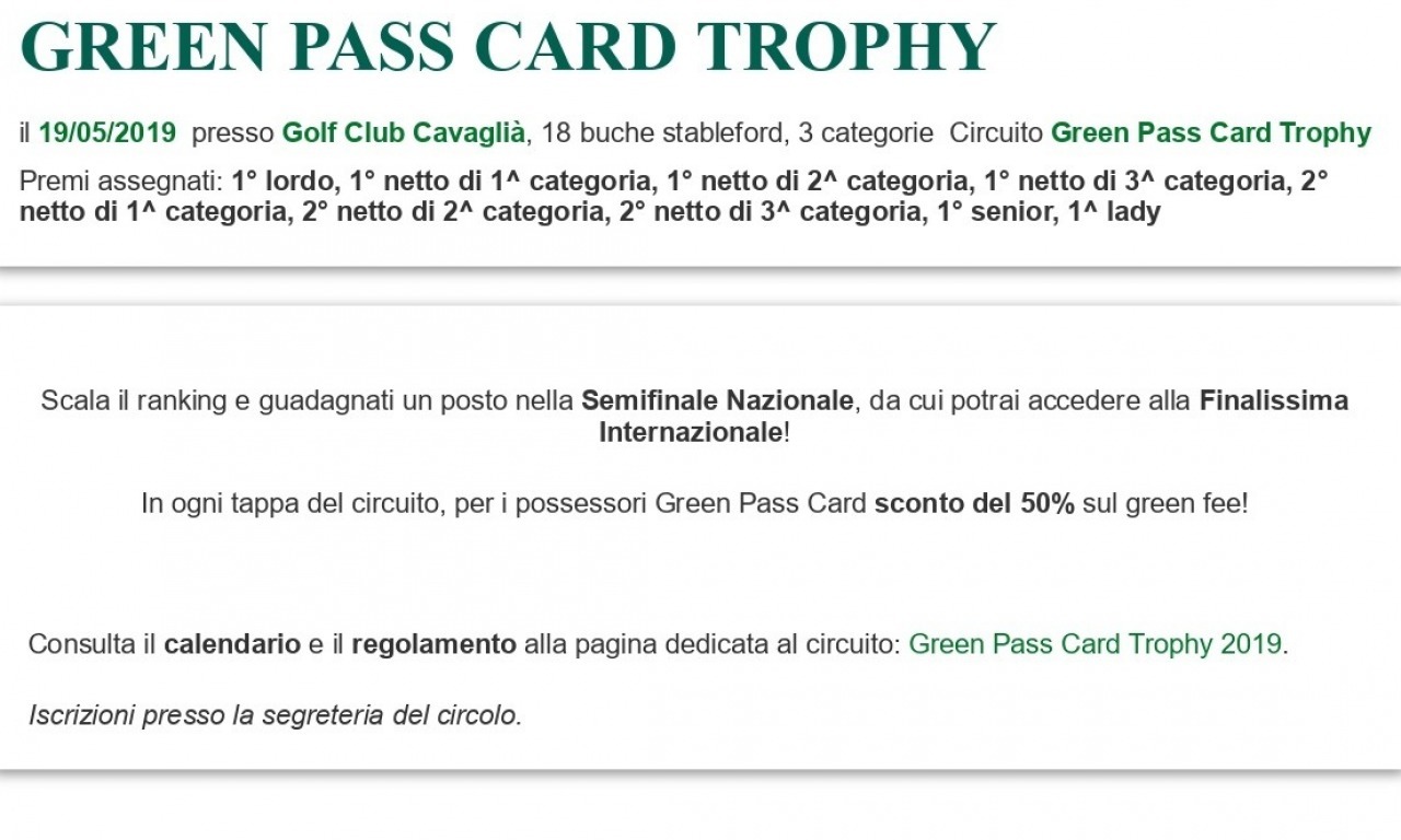 Domenica il Green Pass Card Trophy